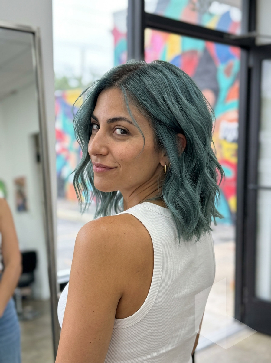 medium textured lob haircut with muted teal color, razored ends, no bangs — festival ready