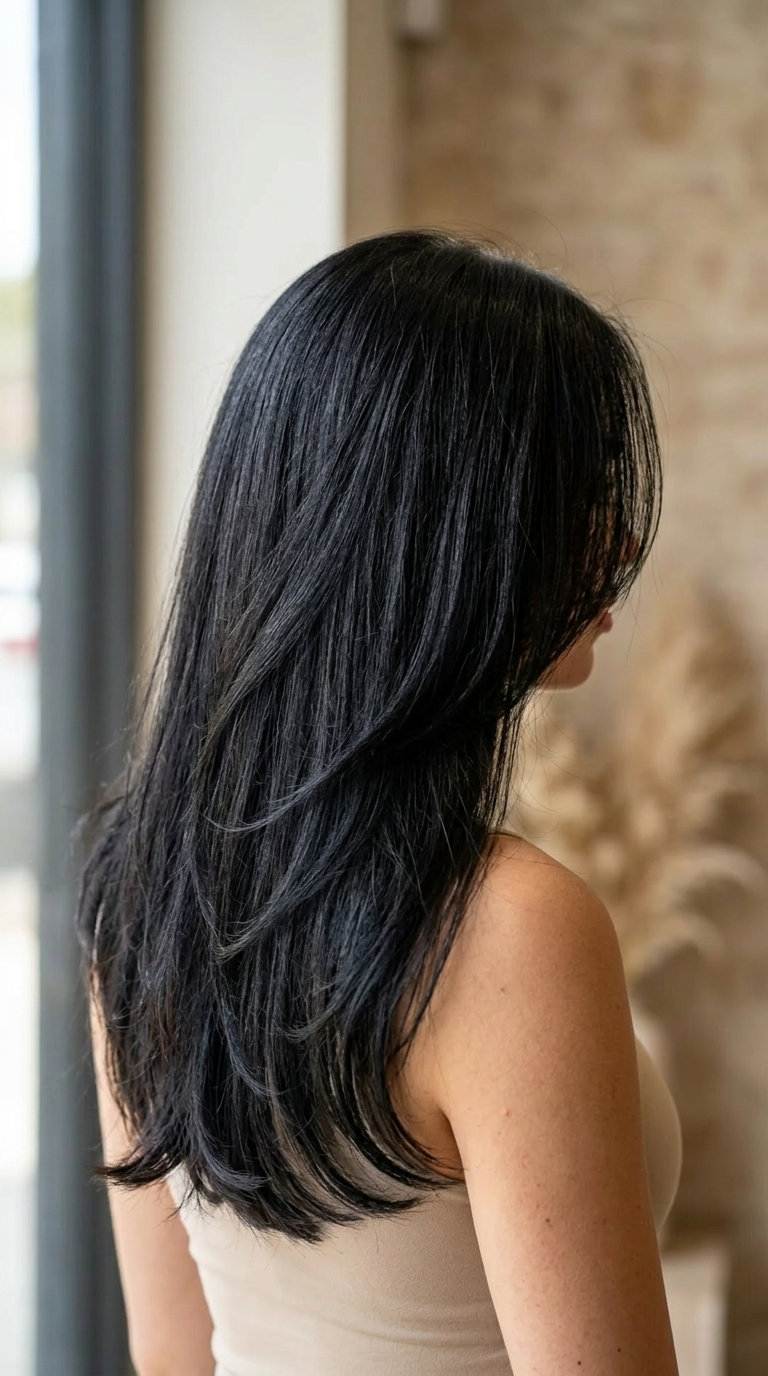 long layered haircut in natural black with cool undertones, sleek internal ghost layers for a sophisticated look