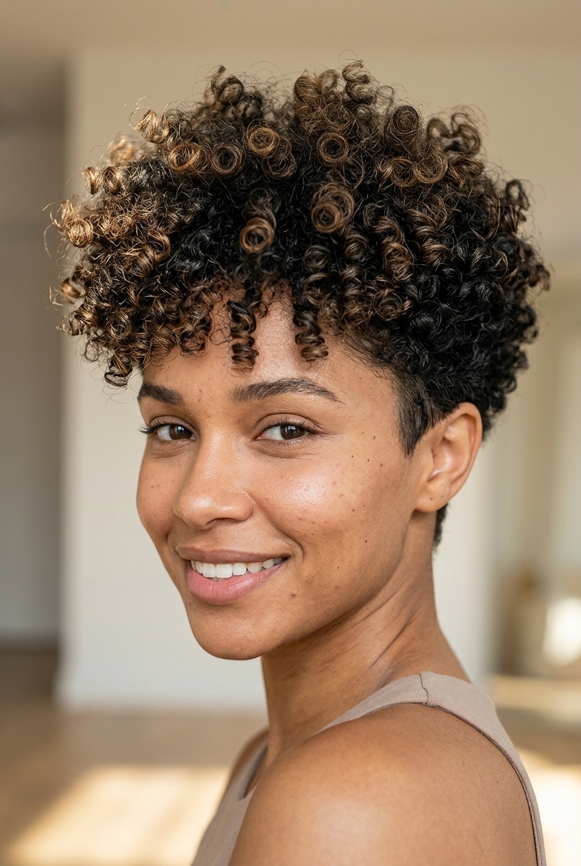 very short pixie haircut with natural black coils and fade for summer