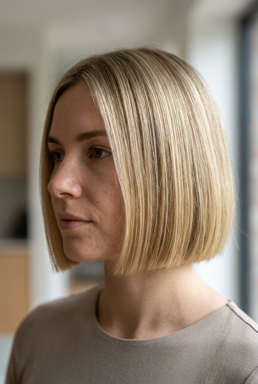 chin-length blunt bob haircut in natural blonde, babylights, no bangs — minimalist refined