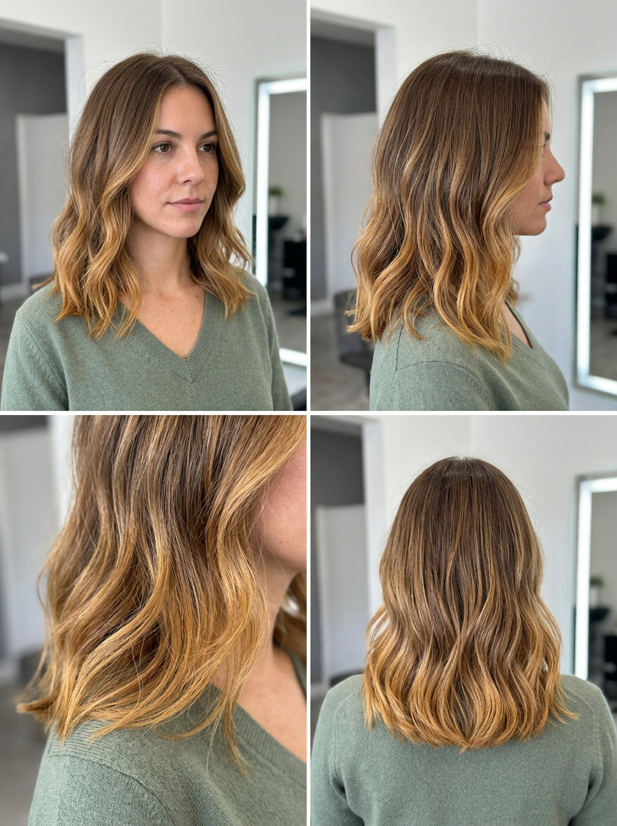 long blunt cut honey brown hair with saturated honey gold ends, playful mood