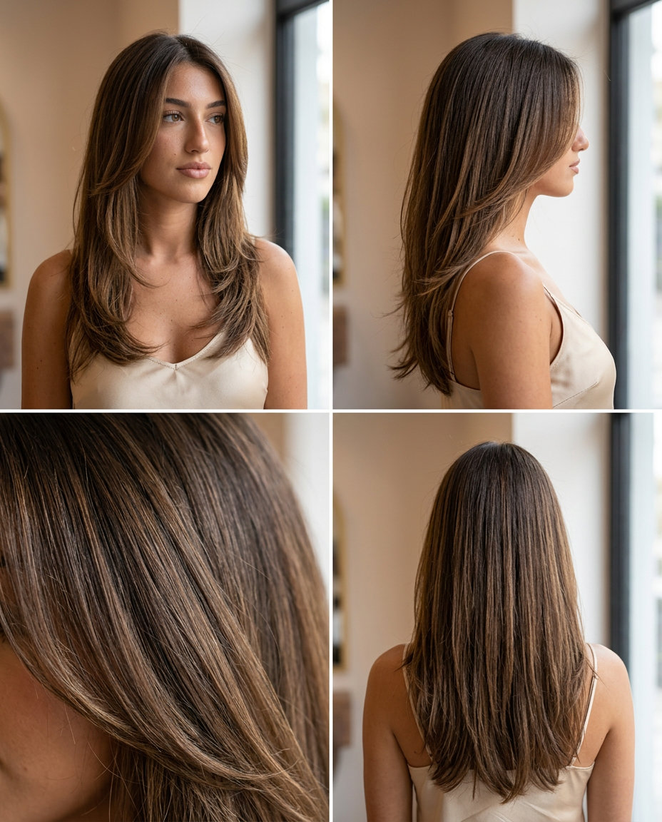 extra-long cascade haircut with natural brunette, clear gloss and soft layers for summer