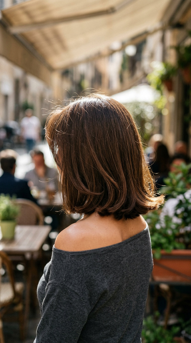 medium blunt Italian bob with natural brunette & clear gloss, point-cut ends for movement — playful, chic