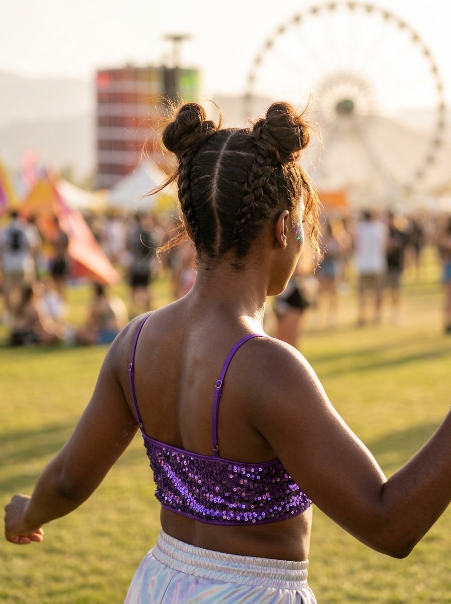 Playful Festival Braided Buns 2026 medium-long natural brunette braided buns with textured layers for playful festival look