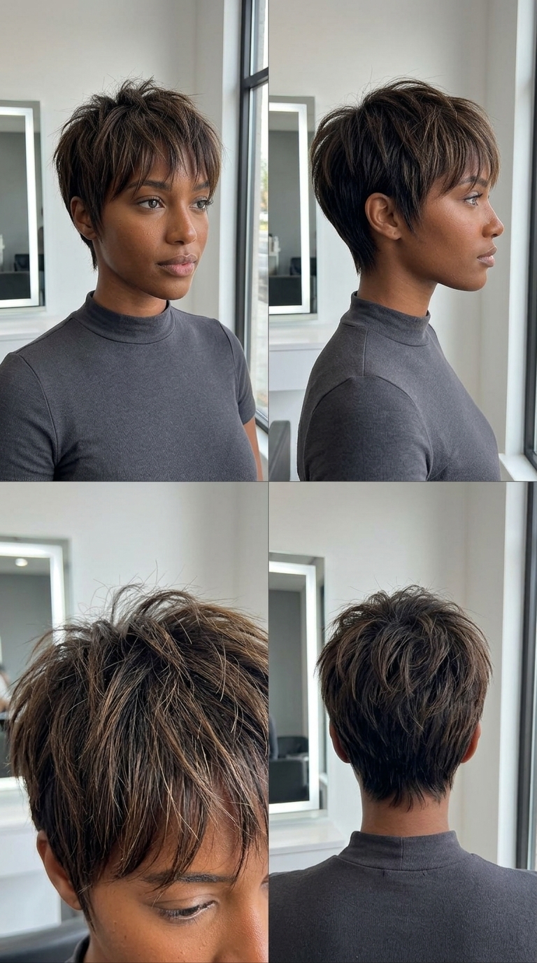 short natural brunette wispy bangs haircut with micro-highlights for summer