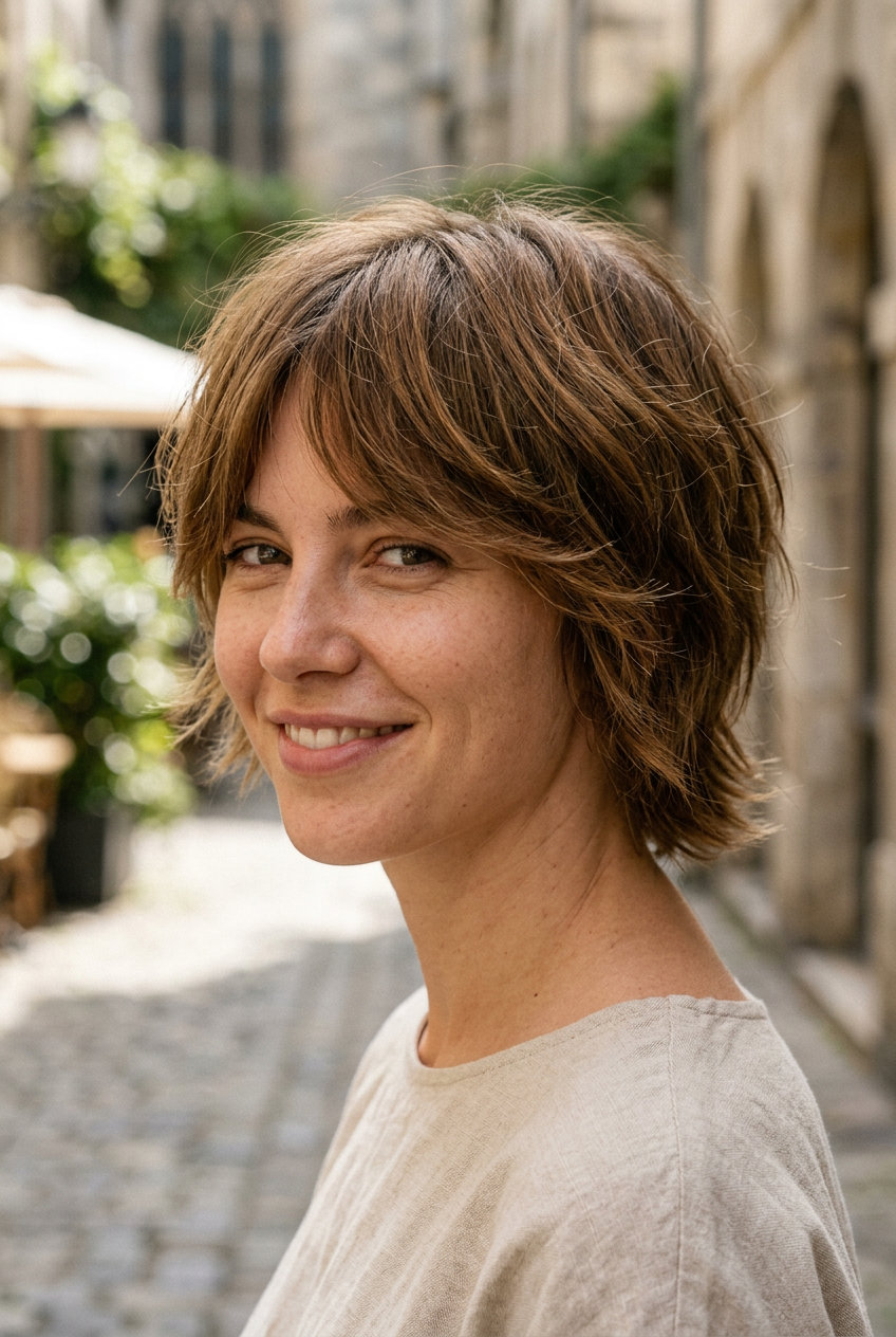 short layered shag haircut in natural brunette with caramel micro-lights, feathered layers for effortless cool