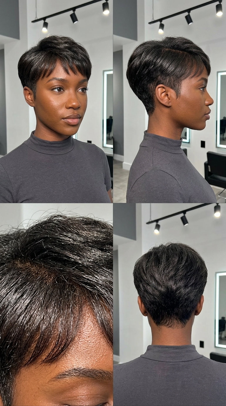ultra-short pixie haircut in natural color with high-shine gloss, clipper-fade and textured top — edgy