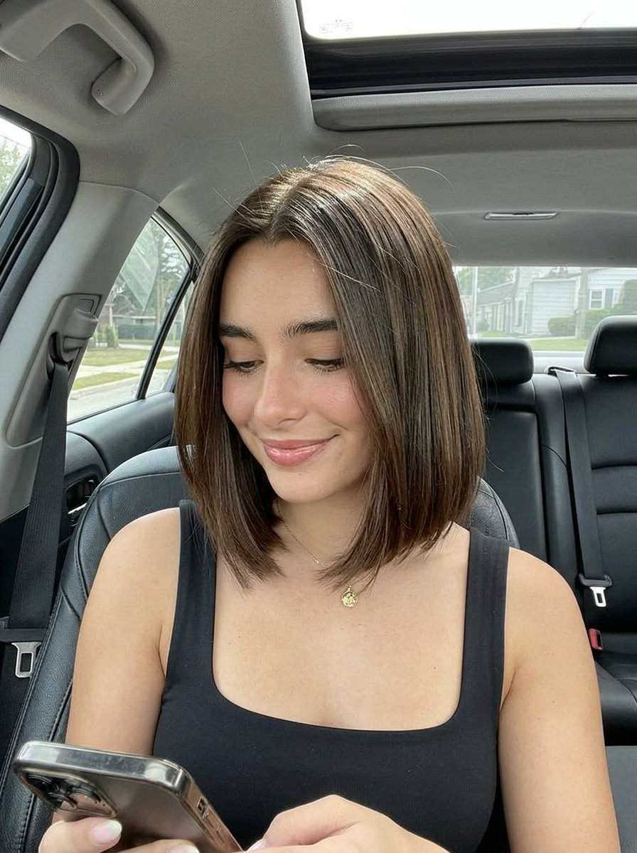 jaw-length blunt bob haircut with natural color, extreme shine, one-length perimeter for minimalist chic
