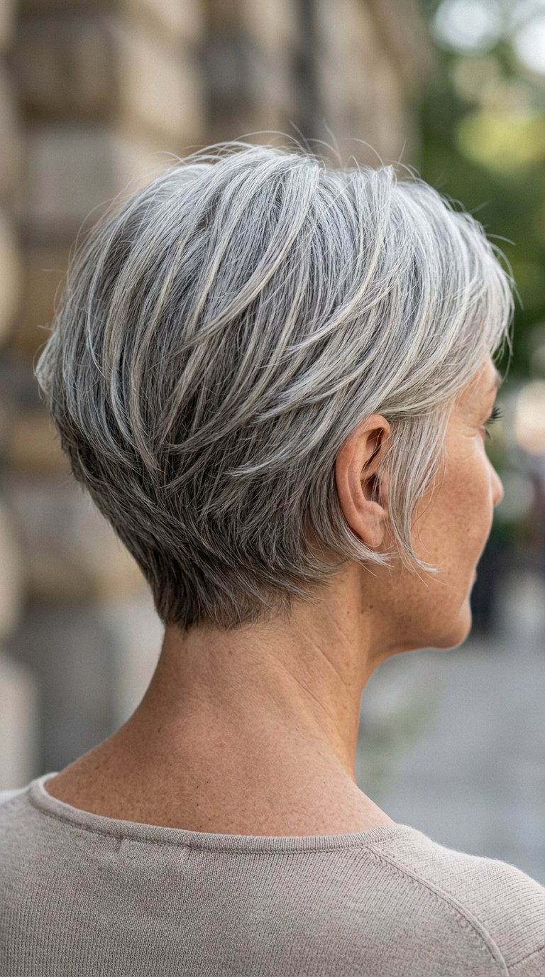 short bixie haircut in natural silver with charcoal lowlights and icy white accents for summer