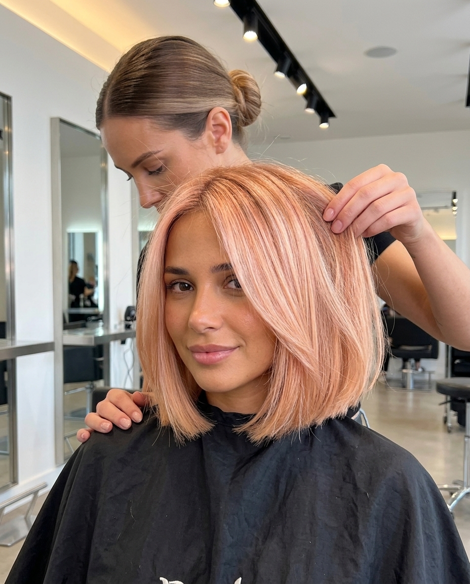 chin-length bob balayage with nectarine blonde, AirTouch technique, no bangs — playful summer style