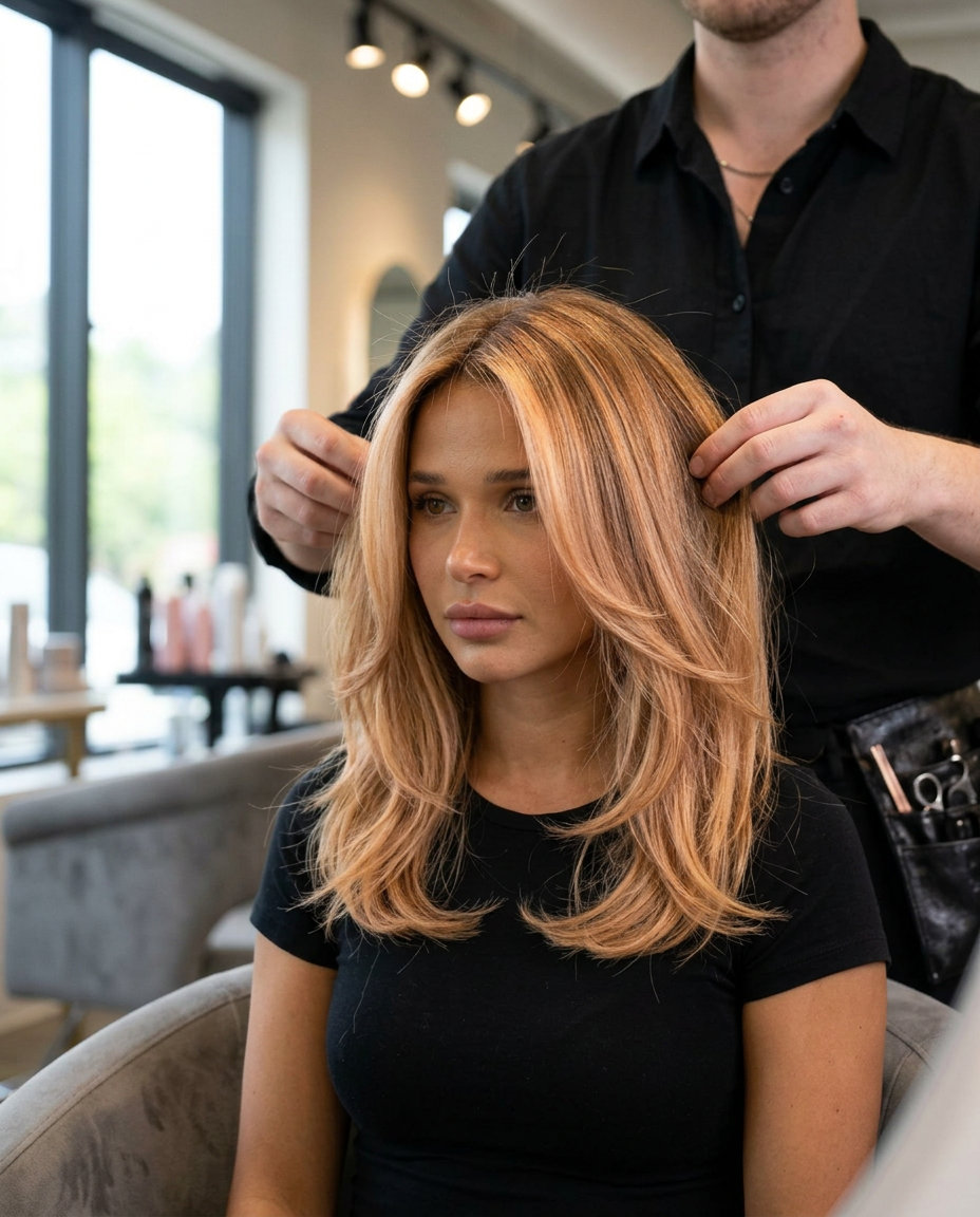 medium nectarine blonde melt with apricot babylights, root smudge, no fringe — soft effortless