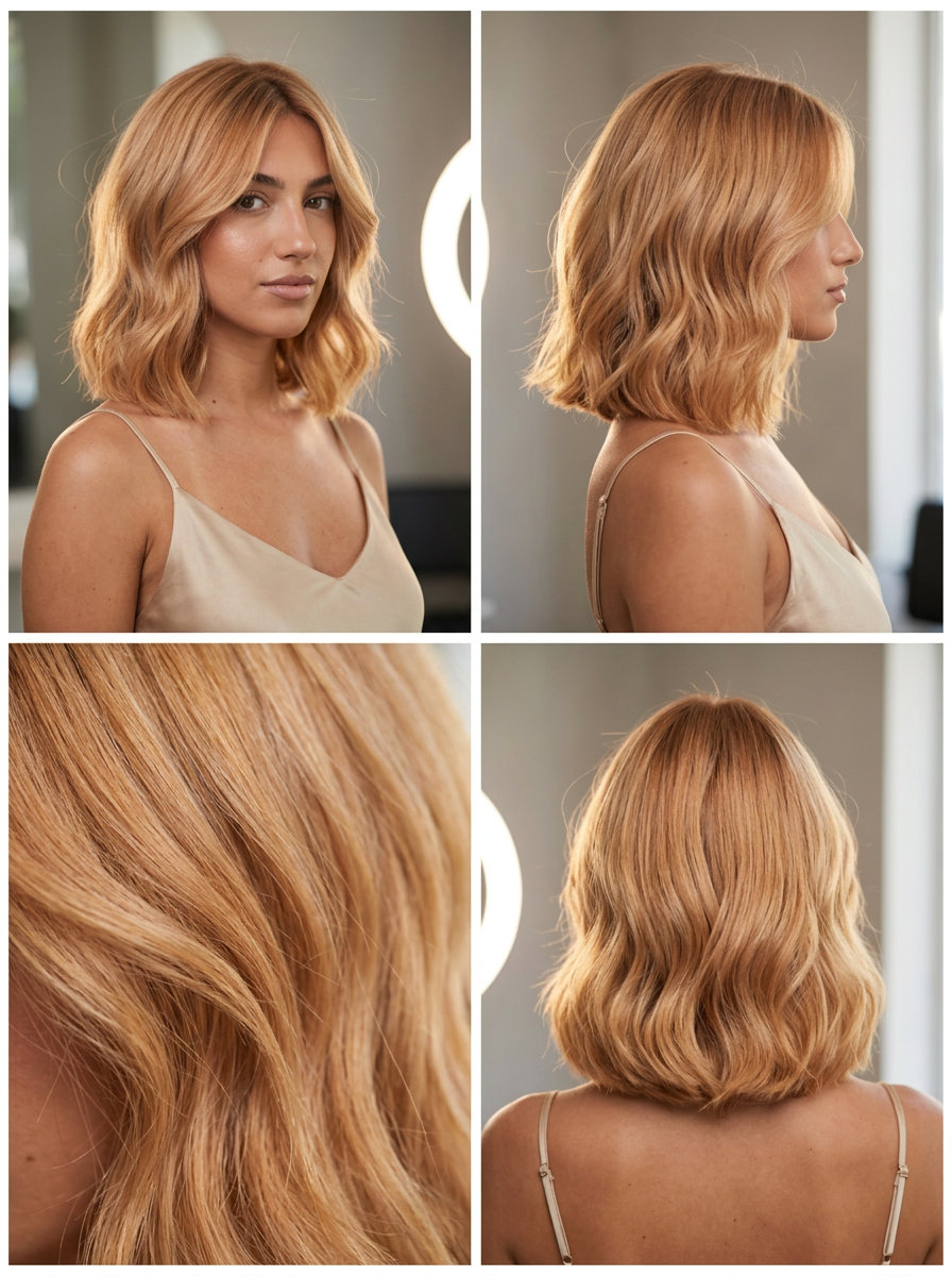 shoulder-length nectarine honey wavy bob with apricot-gold gloss, no fringe — soft romantic