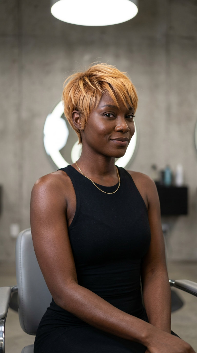 very short nectarine honey blonde pixie haircut with superfine babylights, no fringe — playful edgy