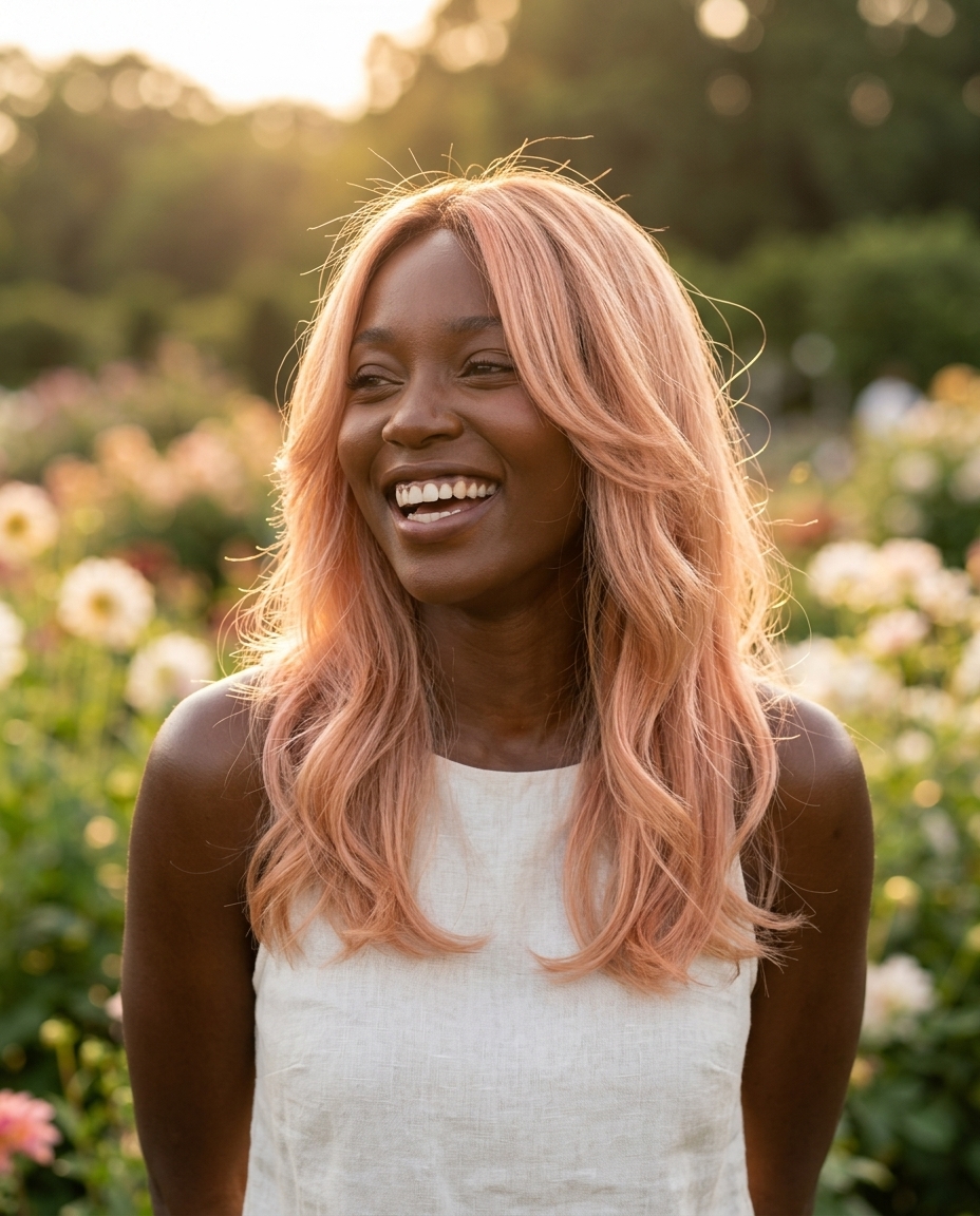 medium-length layered haircut with nectarine blonde and rose gold, AirTouch technique — playful