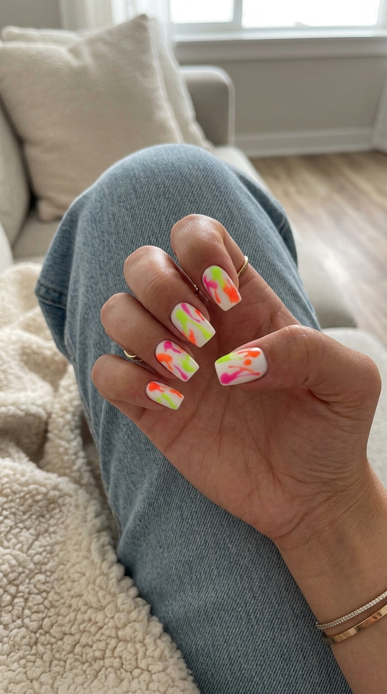 Neon Summer Nails 2026: Abstract Neon Splash Neon summer nails 2026: Playful abstract neon splashes on a white squoval base for parties.