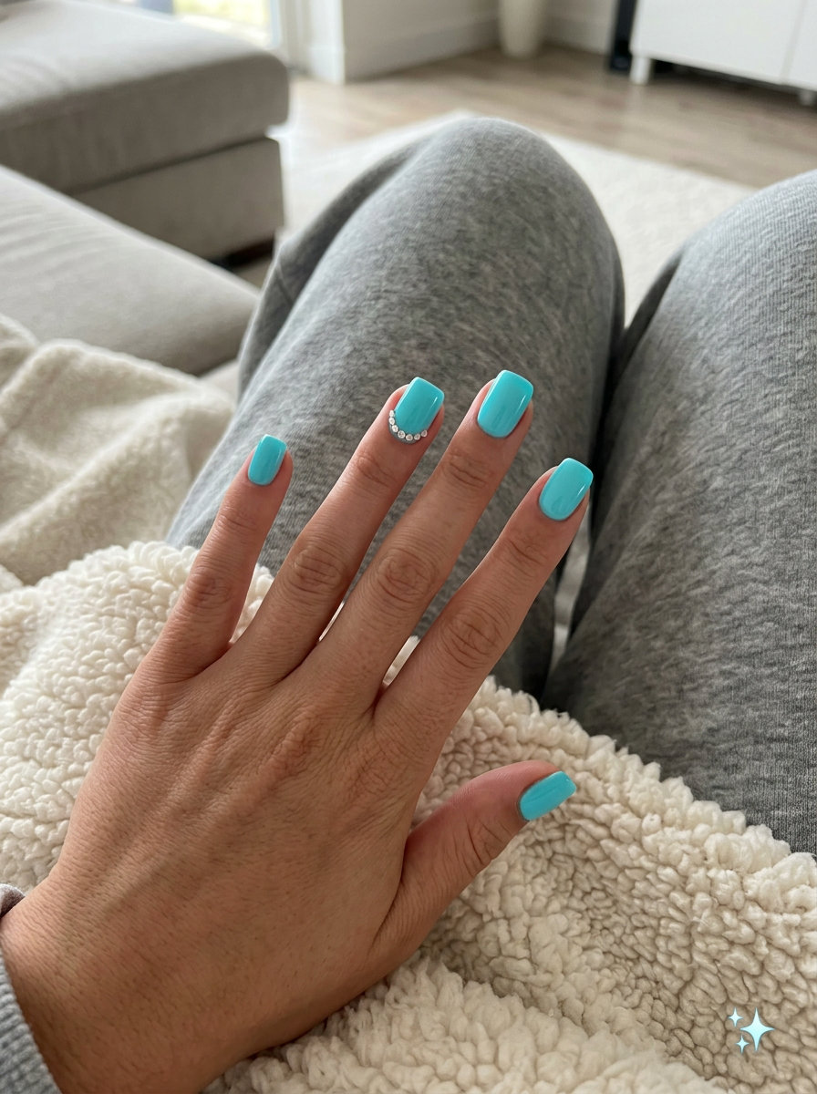 Neon Summer Nails 2026: Aqua Crystal Accents Neon summer nails 2026: Vibrant neon aqua blue with sparkling clear crystal accents for festivals.