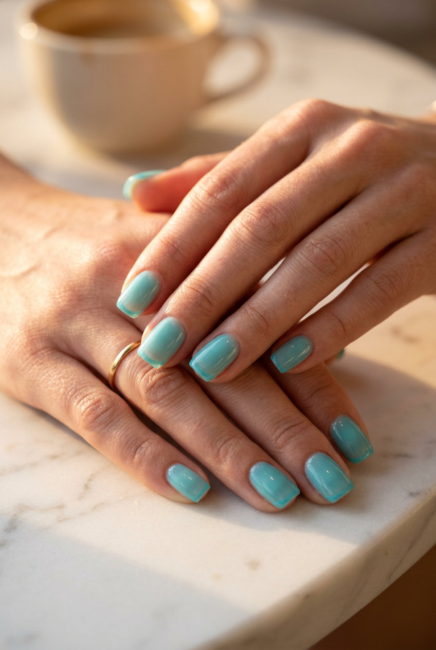 Neon Summer Nails 2026: Aqua Jelly Micro French Neon summer nails 2026: Subtle aqua blue jelly micro French tips on a sheer nude base.