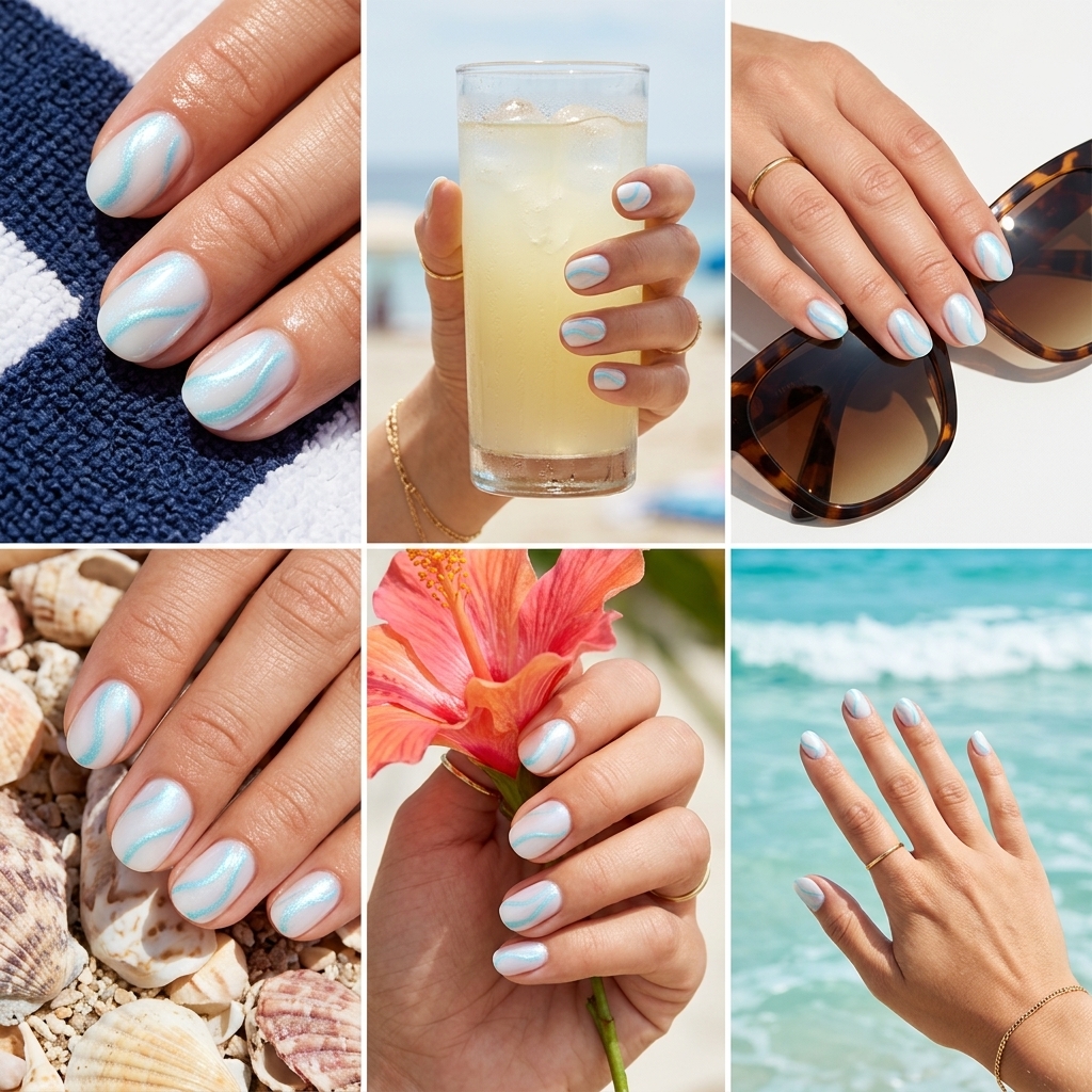 Neon Summer Nails 2026: Aqua Shimmer Strands Neon summer nails 2026: Minimalist aqua blue shimmer strands on a sheer milky white base.