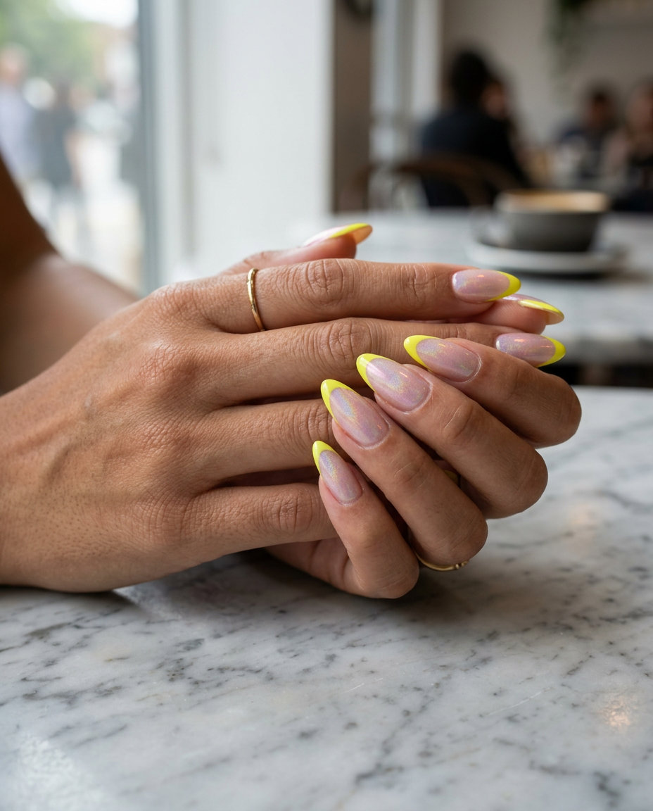 Neon Summer Nails 2026: Holographic French Neon summer nails 2026: Fluorescent yellow holographic French tips on sheer milky base. Perfect for festivals.