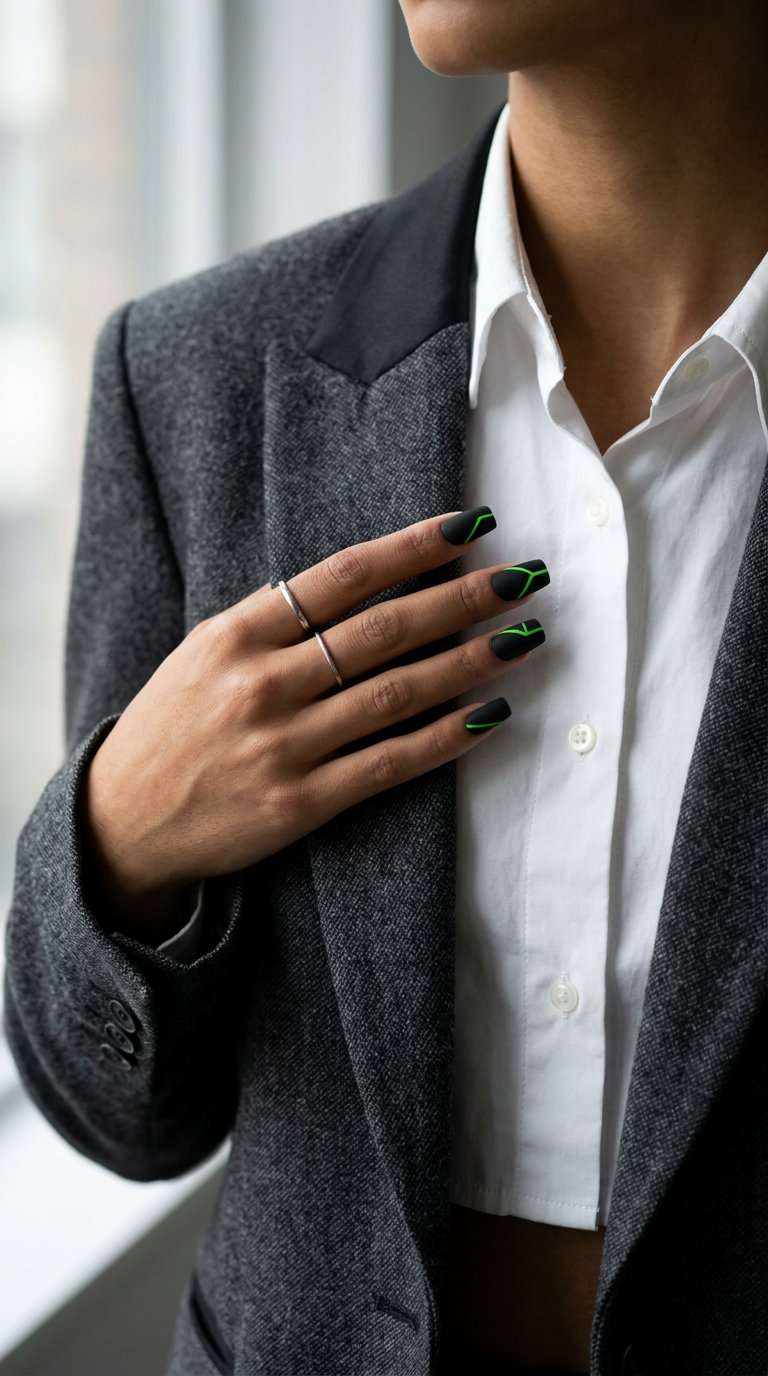 Neon Summer Nails 2026: Geometric Lime Edgy Neon summer nails 2026: Edgy geometric electric lime green on matte black for night outs.