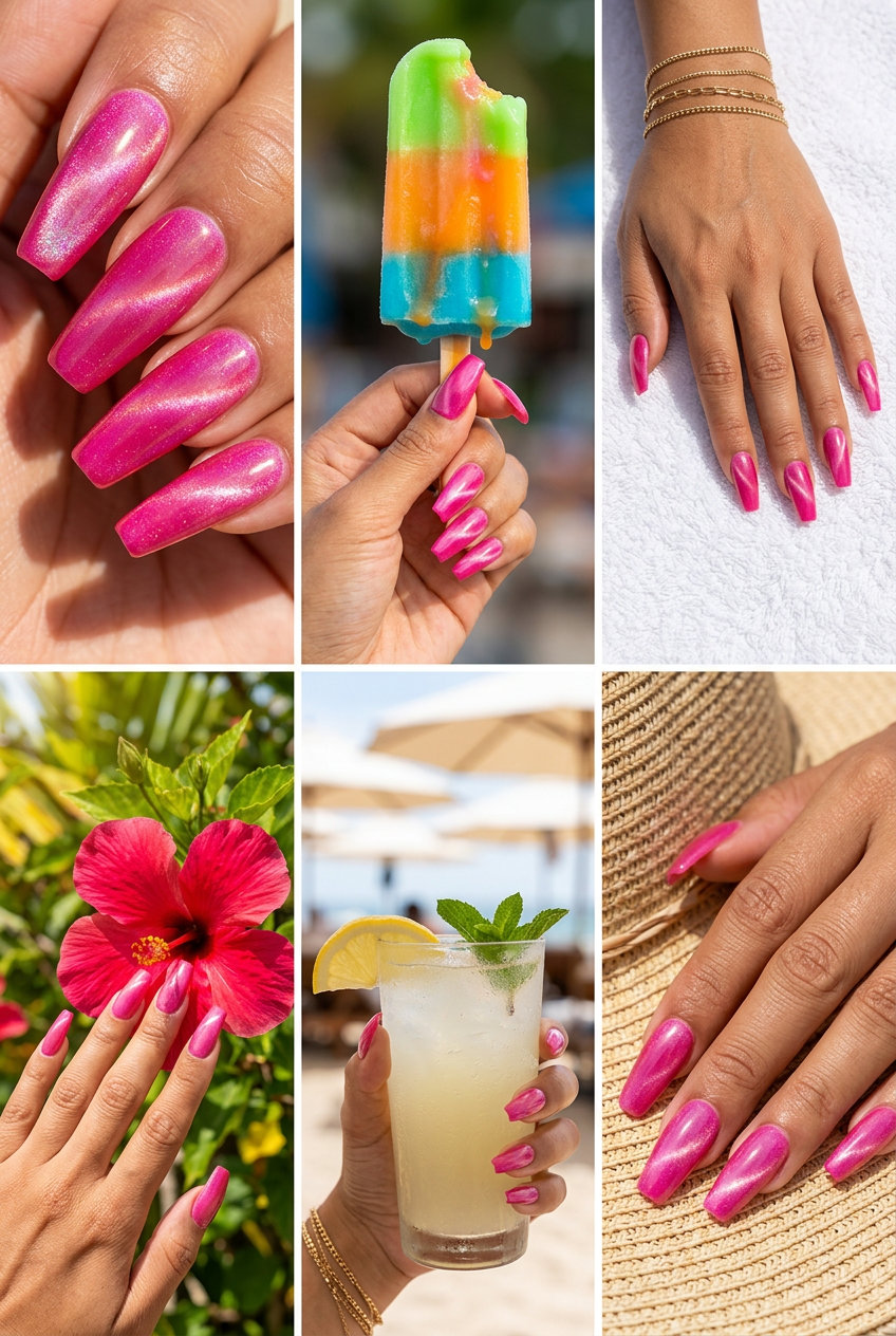 Neon Summer Nails 2026: Hot Pink Cat-Eye Drama Neon summer nails 2026: Sultry hot pink cat-eye coffin nails with magnetic shift for evenings.