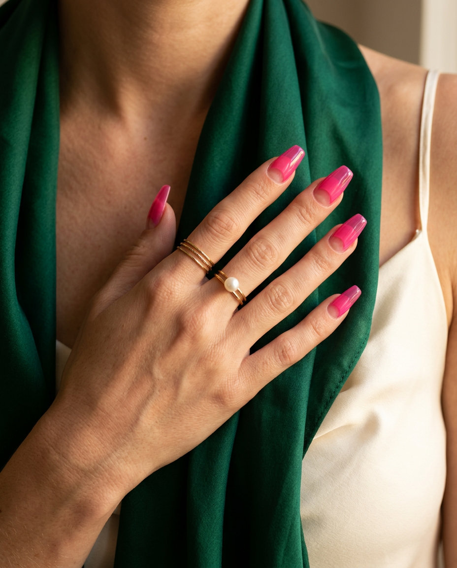 Neon Summer Nails 2026: Hot Pink Jelly French Neon summer nails 2026: Jelly Hot Pink Reverse French on medium almond nails. Juicy and bright vacation style.