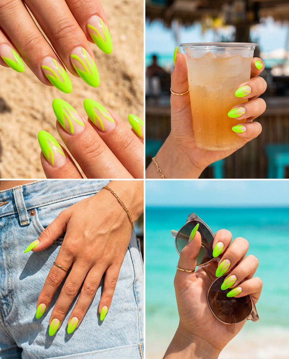 Neon Summer Nails 2026: Lime French Tip Neon summer nails 2026: Negative space lime French tips on clear nails. Modern, minimalist chic for work.