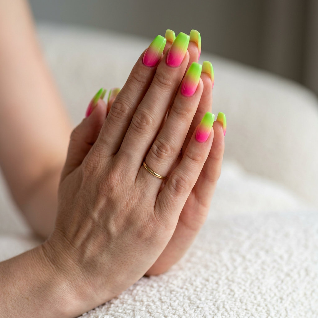 Neon Summer Nails 2026: Sunset Ombre Neon summer nails 2026: Hot pink to electric lime ombre on long coffin nails. Glamorous festival & night out style.