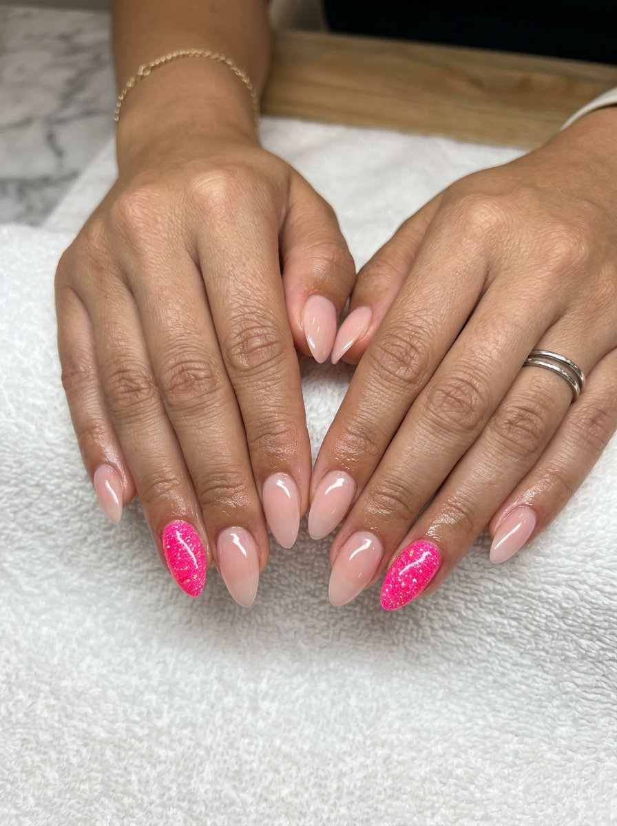 Neon Summer Nails 2026: Glitter Accent Party Style Neon summer nails 2026: Sheer nude with a vibrant neon pink glitter accent nail for parties.
