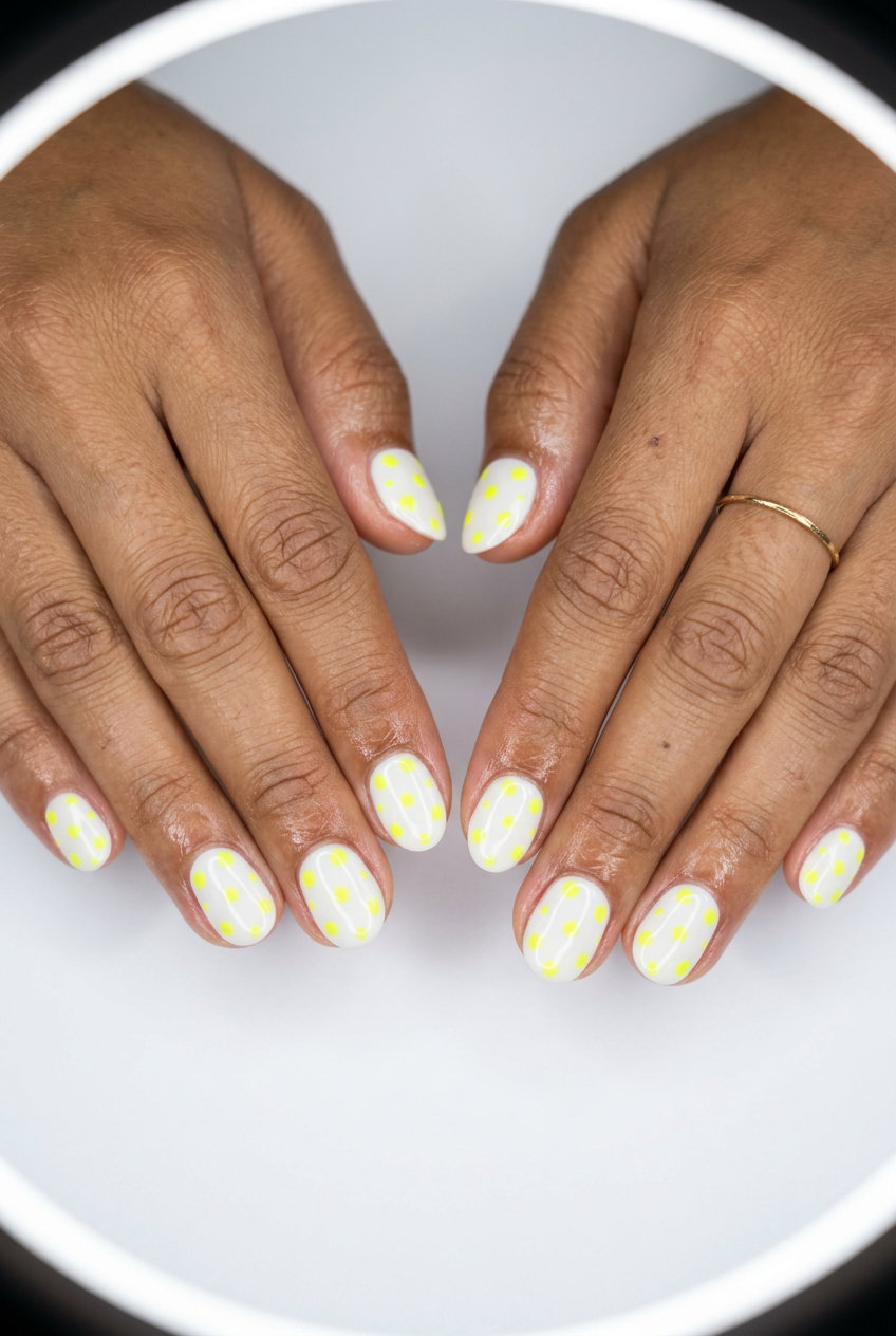 Neon Summer Nails 2026: Yellow Dotty Delight Neon summer nails 2026: Sunny Yellow Dotty Delight on oval nails. Cheerful white base with bright yellow dots.