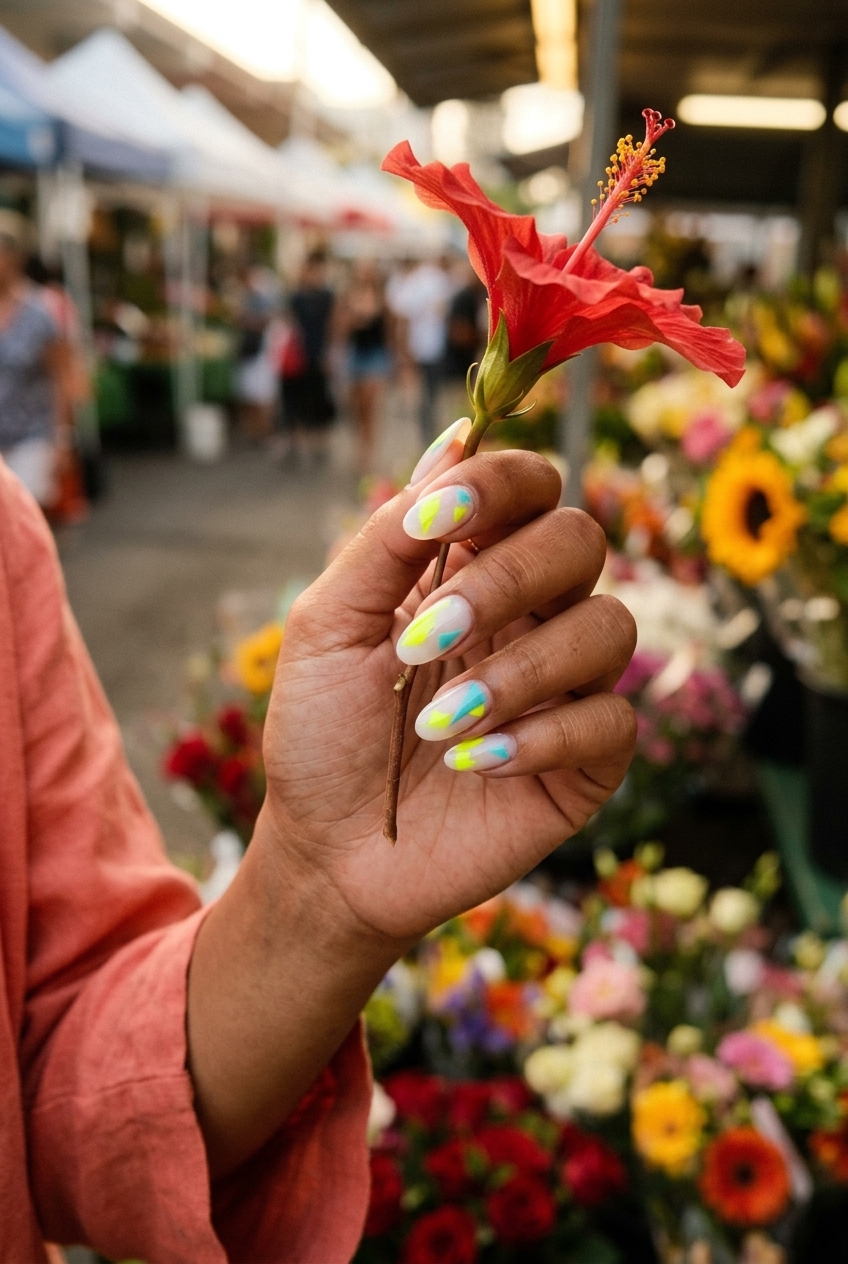 Neon Summer Nails 2026: Abstract Accents Neon summer nails 2026: Abstract accents with fluorescent yellow & aqua blue on sheer white. Bohemian casual style.