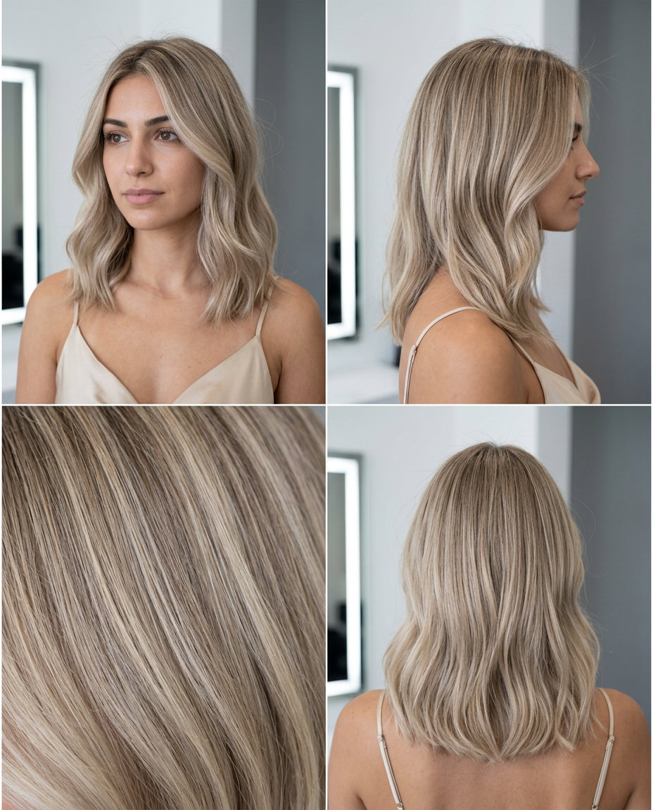 long layered neutral beige blonde foilayage with flaxen and taupe lowlights for summer