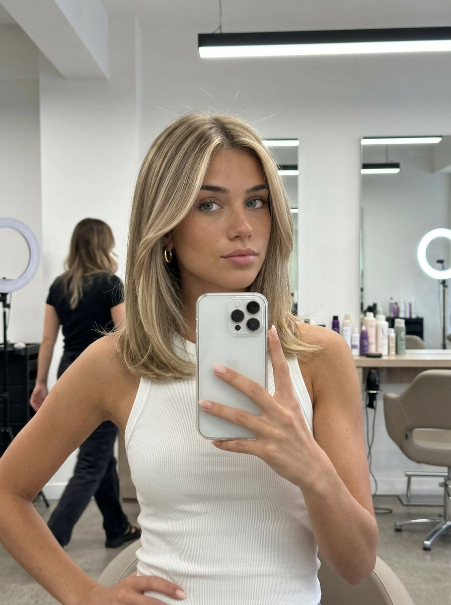 long neutral beige blonde hair color with cool babylights, face-framing highlights technique — understated chic look