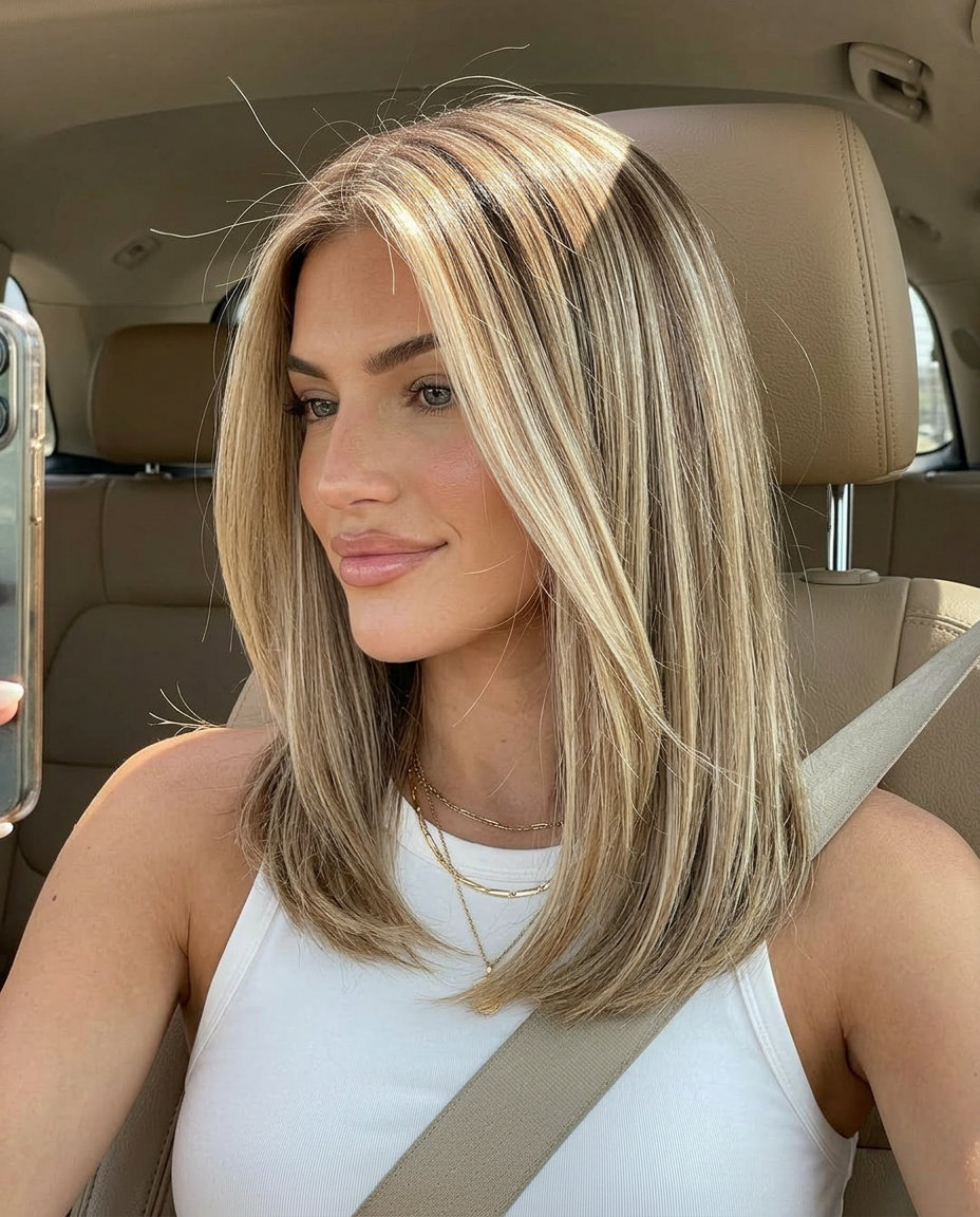long minimal layer honey brown hair with iced honey babylights, edgy mood