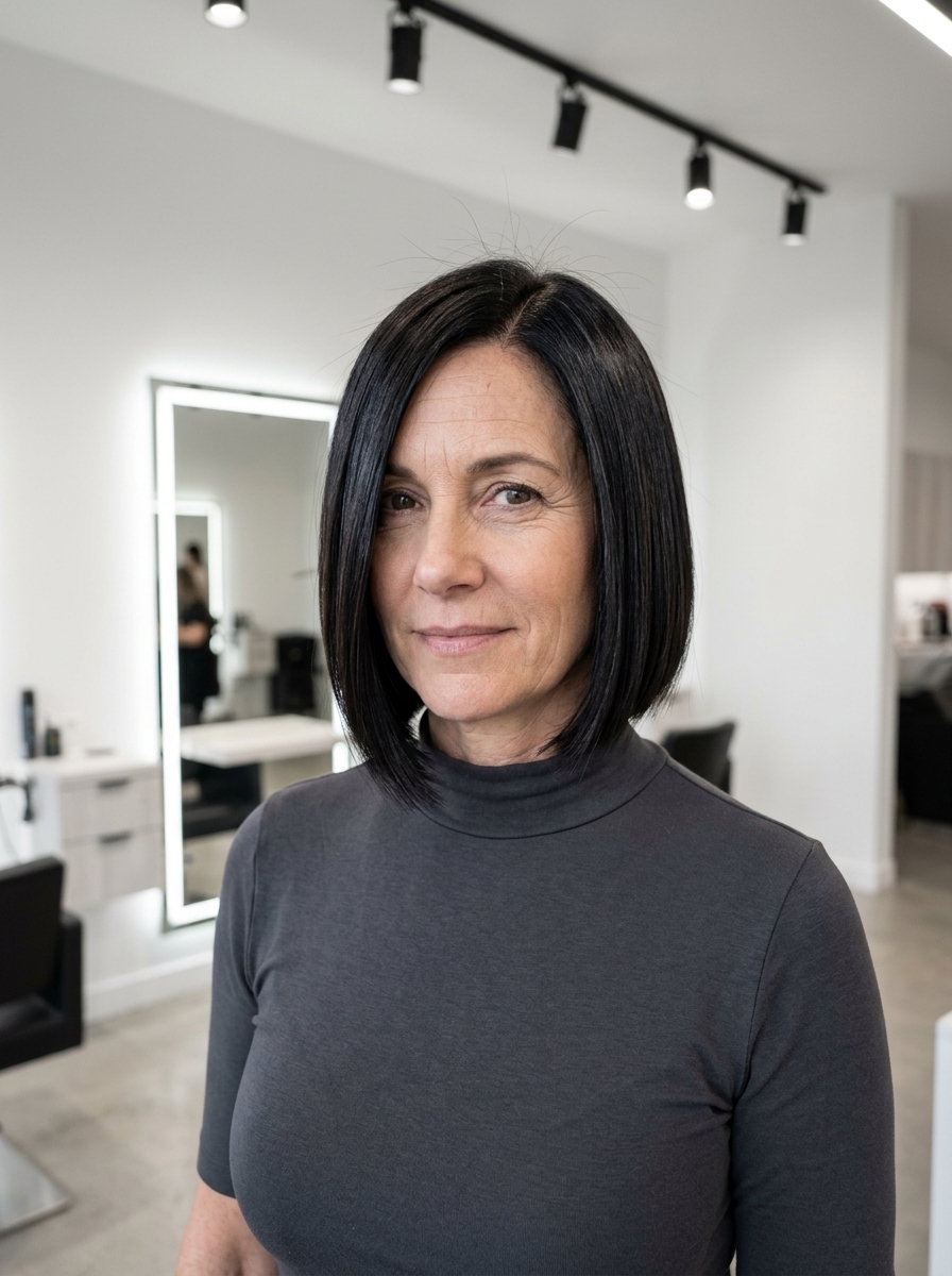 chin-length bob in cool obsidian black with high-gloss finish, razor-cut edge — minimalist sophisticated look