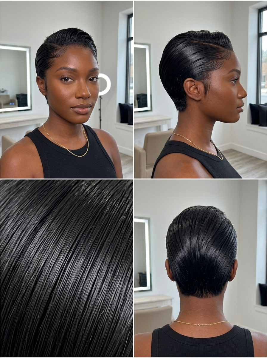 short bixie haircut with obsidian black, blunt perimeter, salon summer bixie haircut 2026