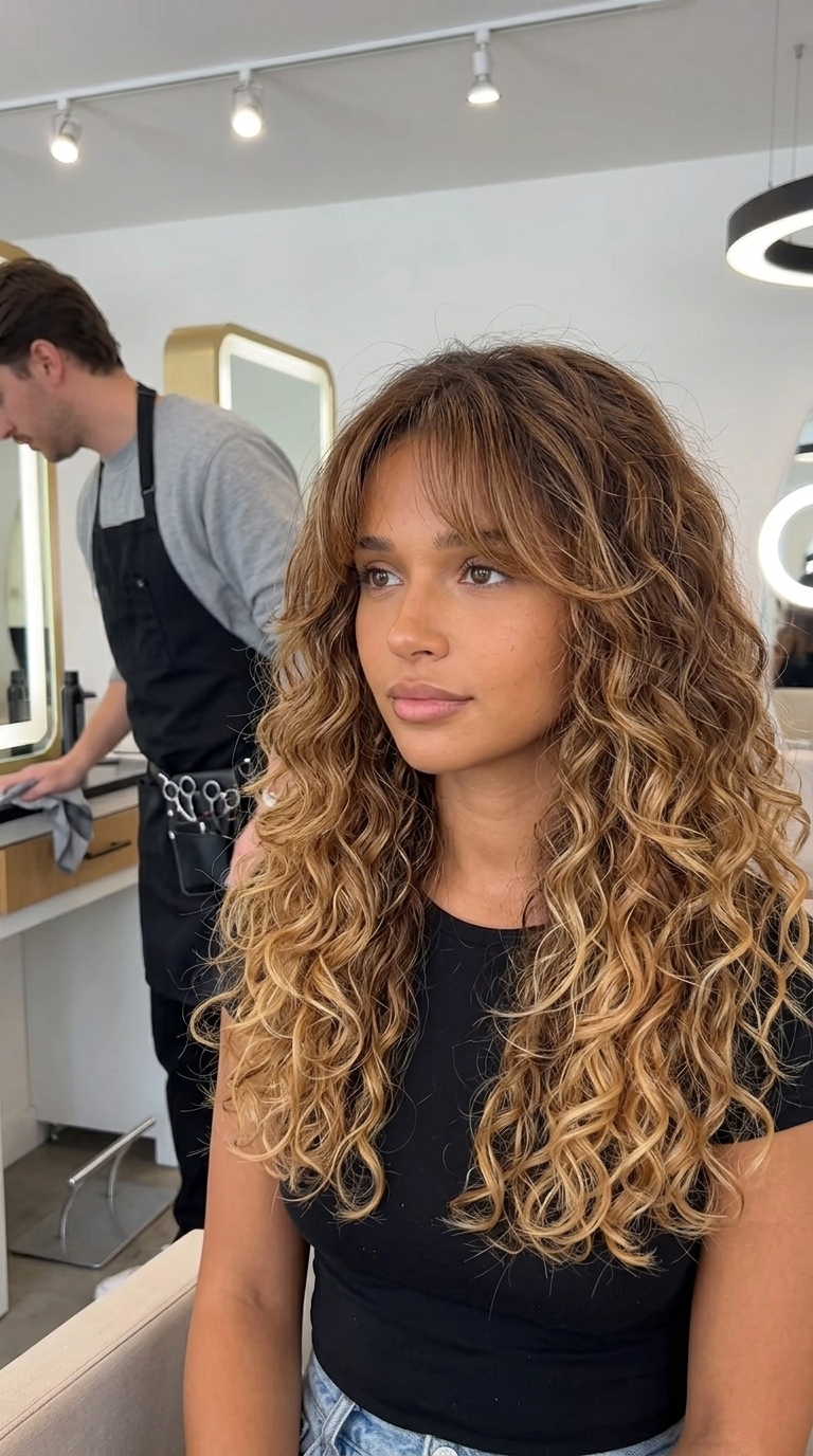 long curly cut with ombré brown to blonde hair, golden caramel highlights, and de-bulked wispy bangs for summer 2026
