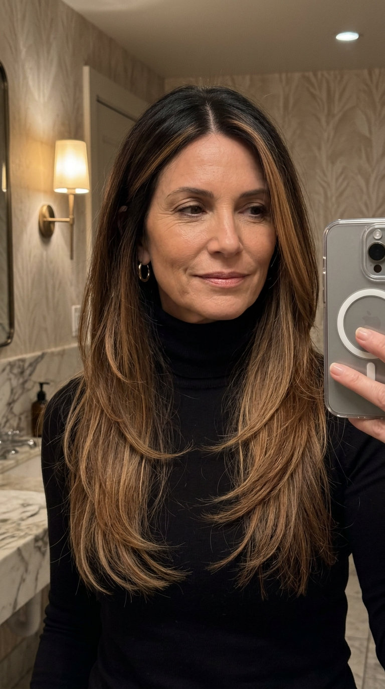 long layered haircut with deep onyx to caramel ombré and face-framing honey highlights