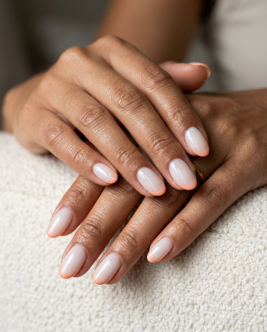Apricot Blossom Oval Summer Nails 2026 Apricot blossom micro French oval summer nails 2026 for all skin tones. Sophisticated daily wear style.