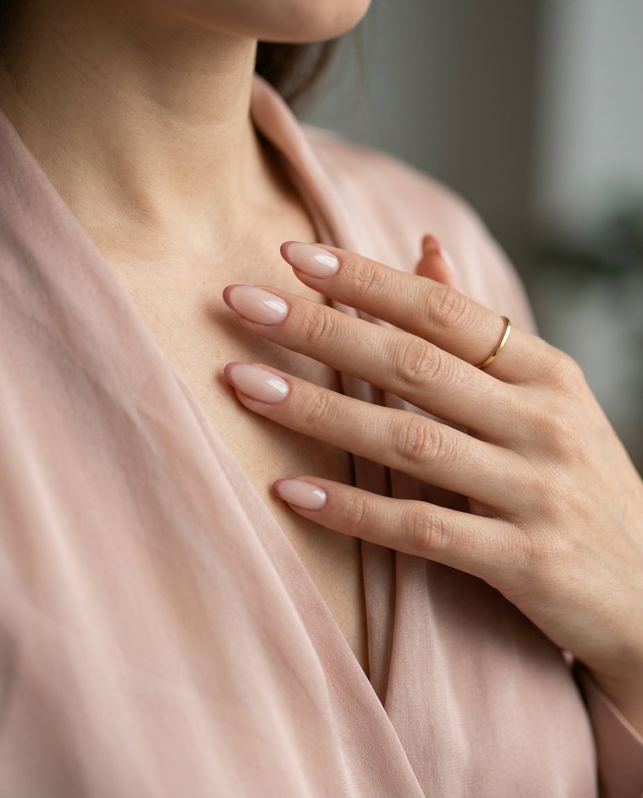 Dusty Rose Oval Summer Nails 2026 Dusty rose micro French oval summer nails 2026 for all skin tones. Elegant wedding style.