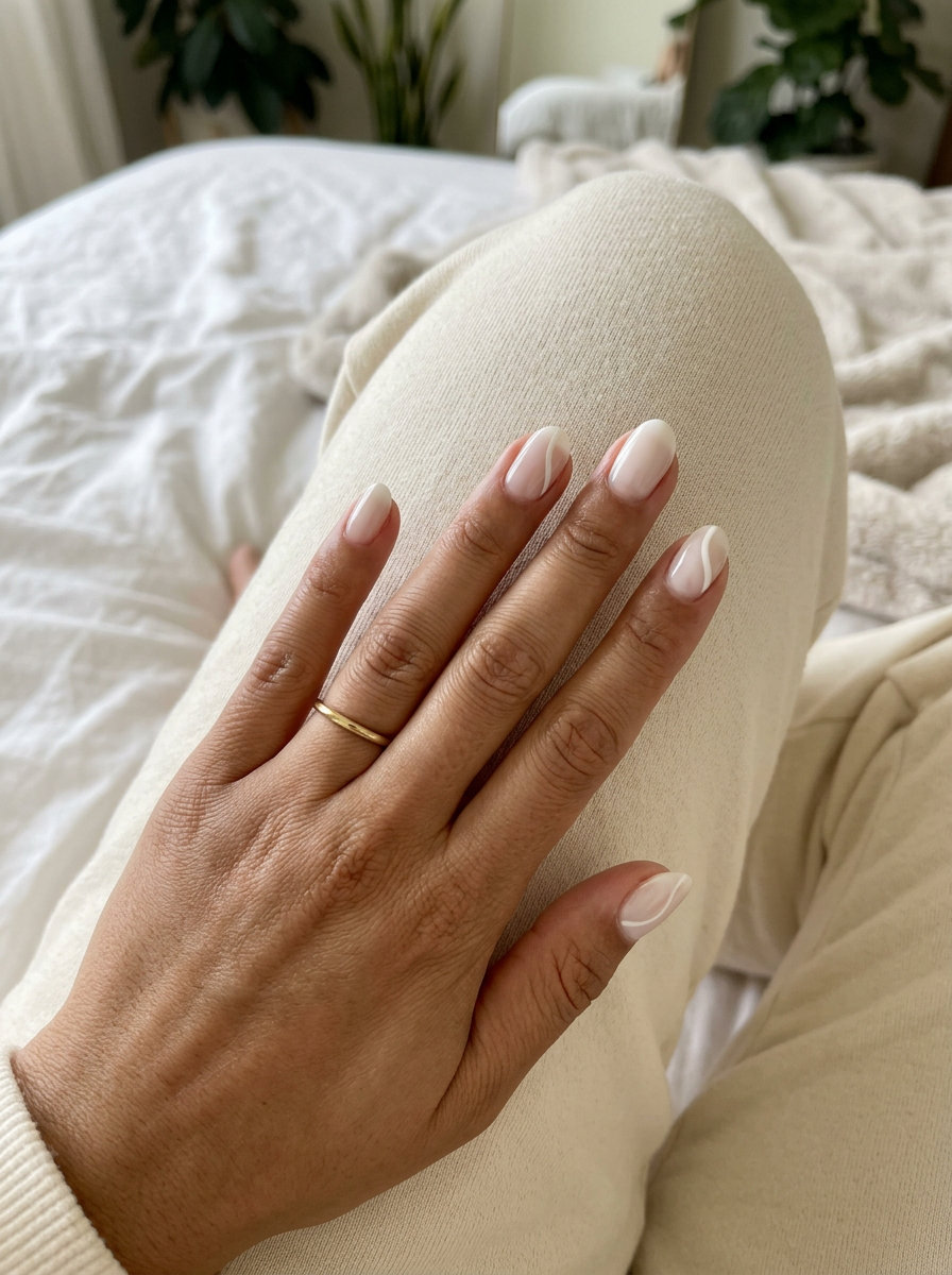 Milky White Abstract Oval Summer Nails 2026 - Minimalist Chic Milky white abstract lines oval summer nails 2026 for all skin tones. Minimalist chic style.