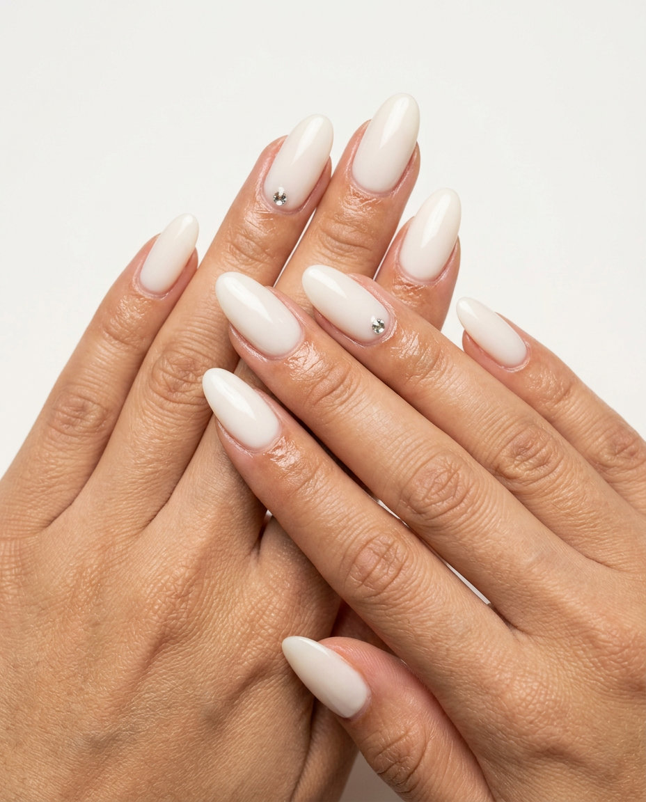 Milky White Sparkle Oval Summer Nails 2026 - Bridal Glam Milky white bridal sparkle accent oval summer nails 2026 for all skin tones. Glamorous wedding style.
