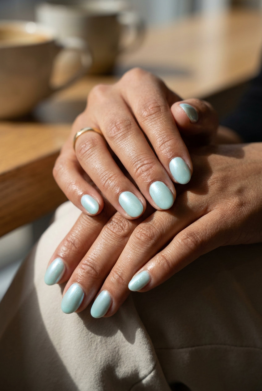 Pale aqua pearlescent oval summer nails 2026 for all skin tones. Romantic summer event style.