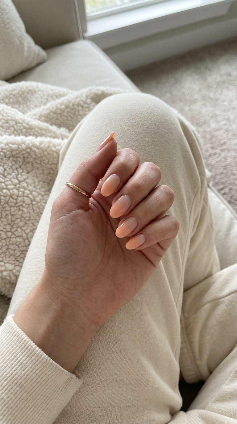 Sheer Peach Oval Summer Nails 2026 Sheer peach gradient oval summer nails 2026 for all skin tones. Radiant casual style.