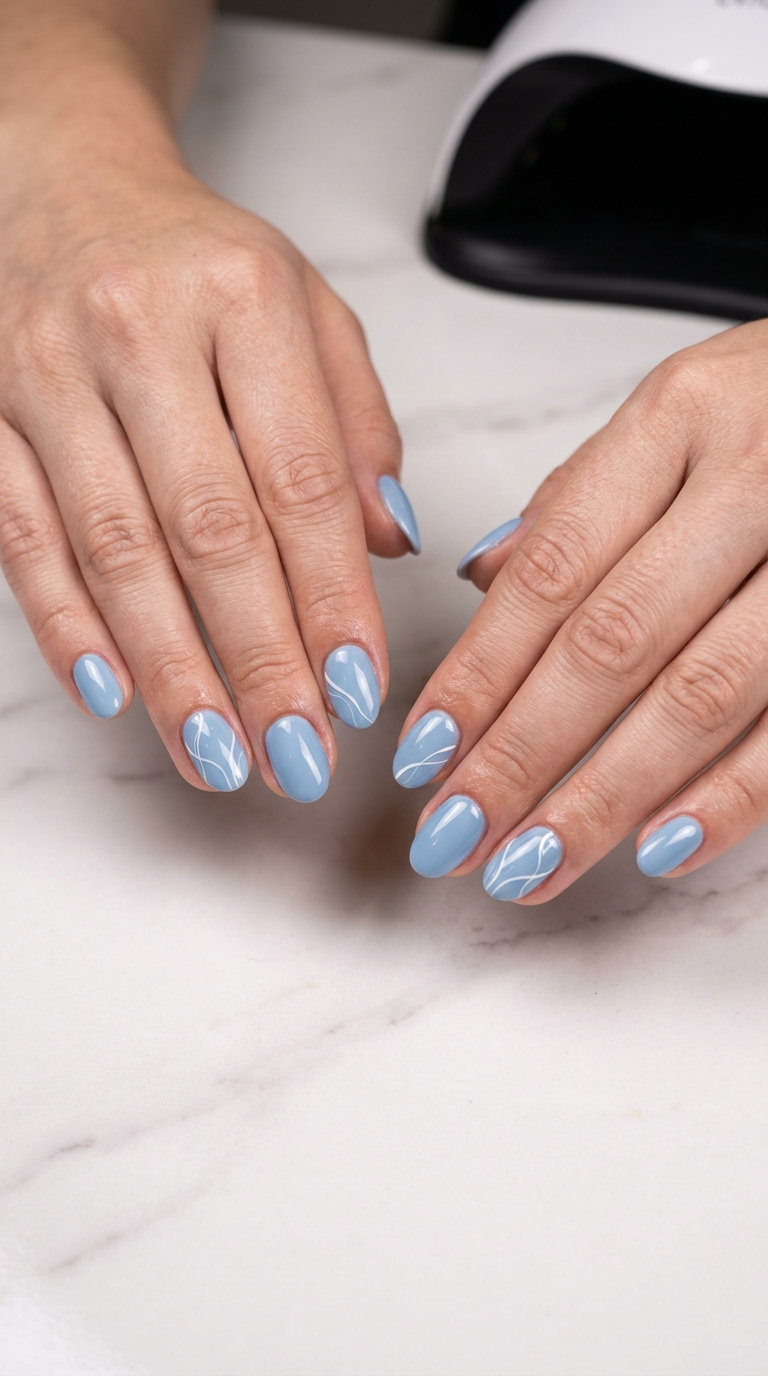 Sky Blue Abstract Oval Summer Nails 2026 - Modern Art Summer sky abstract lines oval nails 2026 for all skin tones. Clean work casual style.