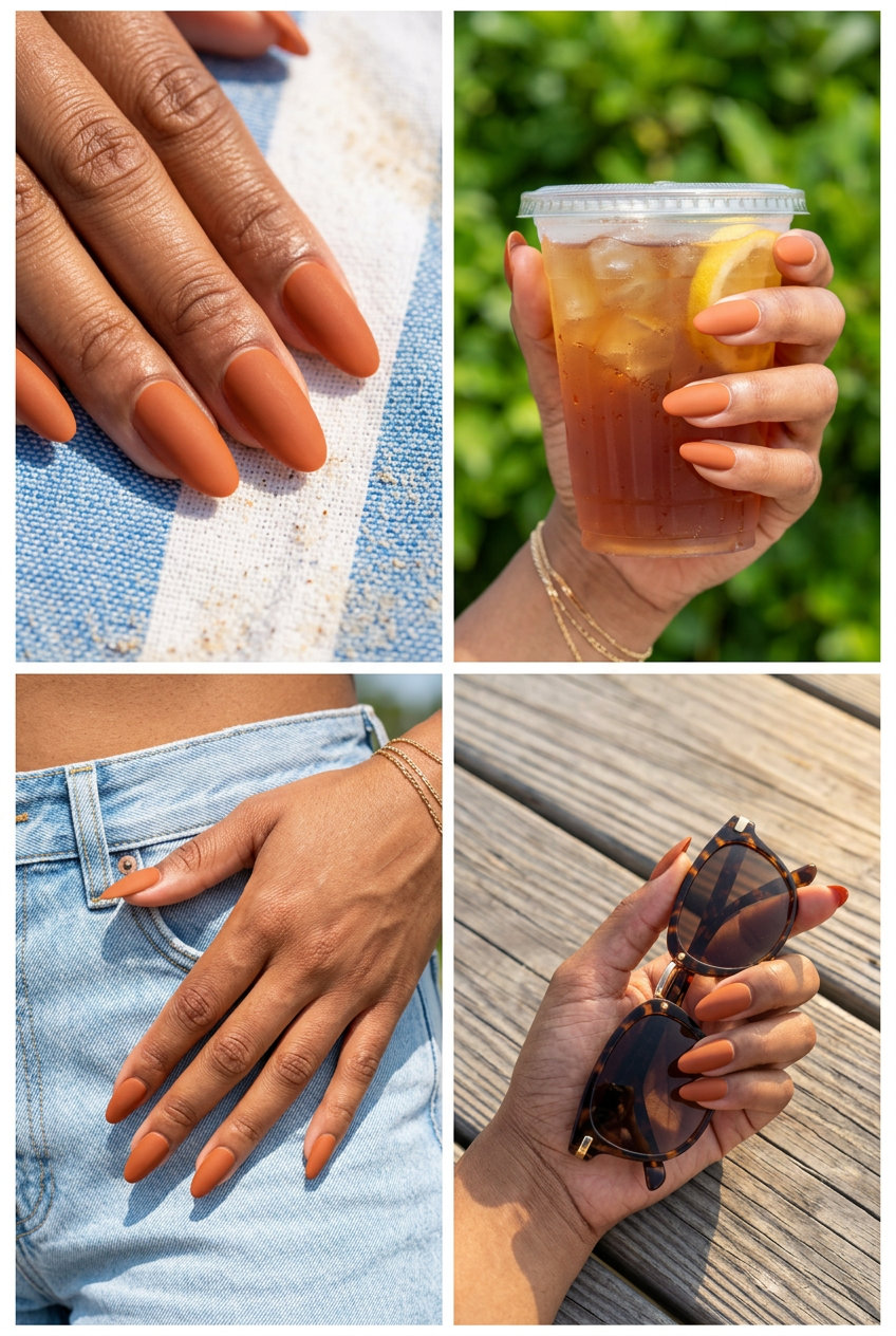 Terracotta Matte Oval Summer Nails 2026 Terracotta Matte Finish oval summer nails 2026 for all skin tones, ideal for fall transition and casual chic.