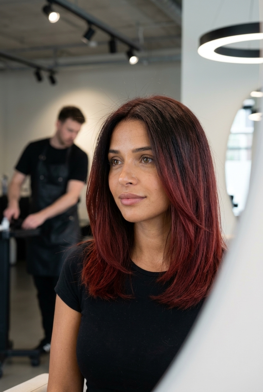 long oxblood ombré with violet undertones, freehand painting, no fringe — edgy