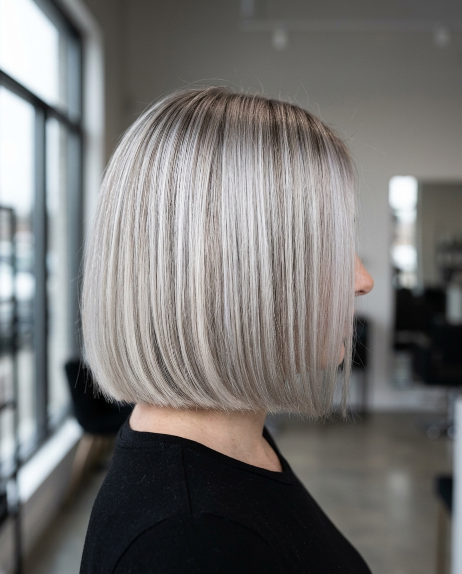 short oyster shell blonde bob with pearlescent white and cool beige, blunt cut — professional sophisticated
