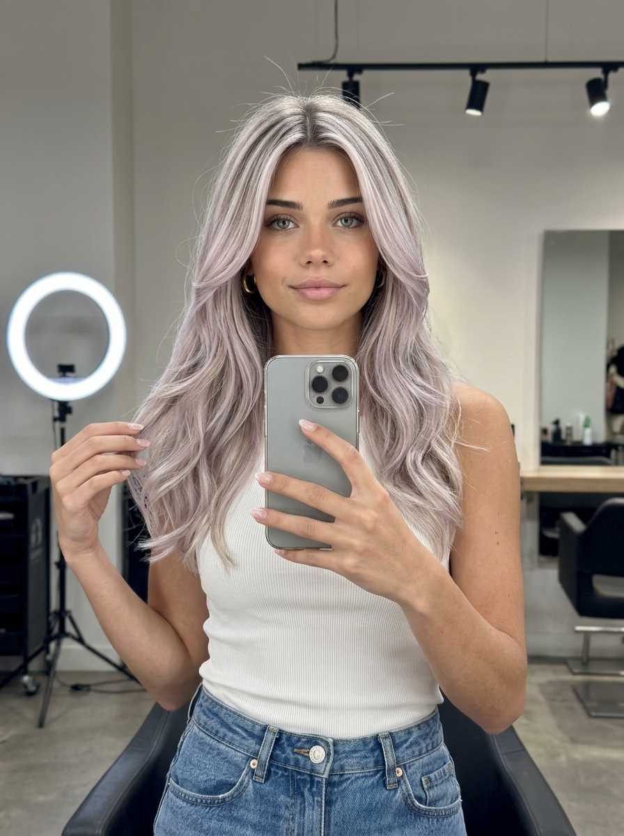 long cascading layered oyster shell blonde balayage with face-framing layers for romance