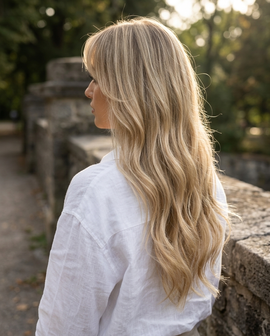 long pale golden blonde wispy bangs haircut with babylights for summer